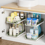 Delamu 2-Tier Bathroom Under Sink Organizer, Stackable Kitchen Pantry Storage, White, 2 Pack