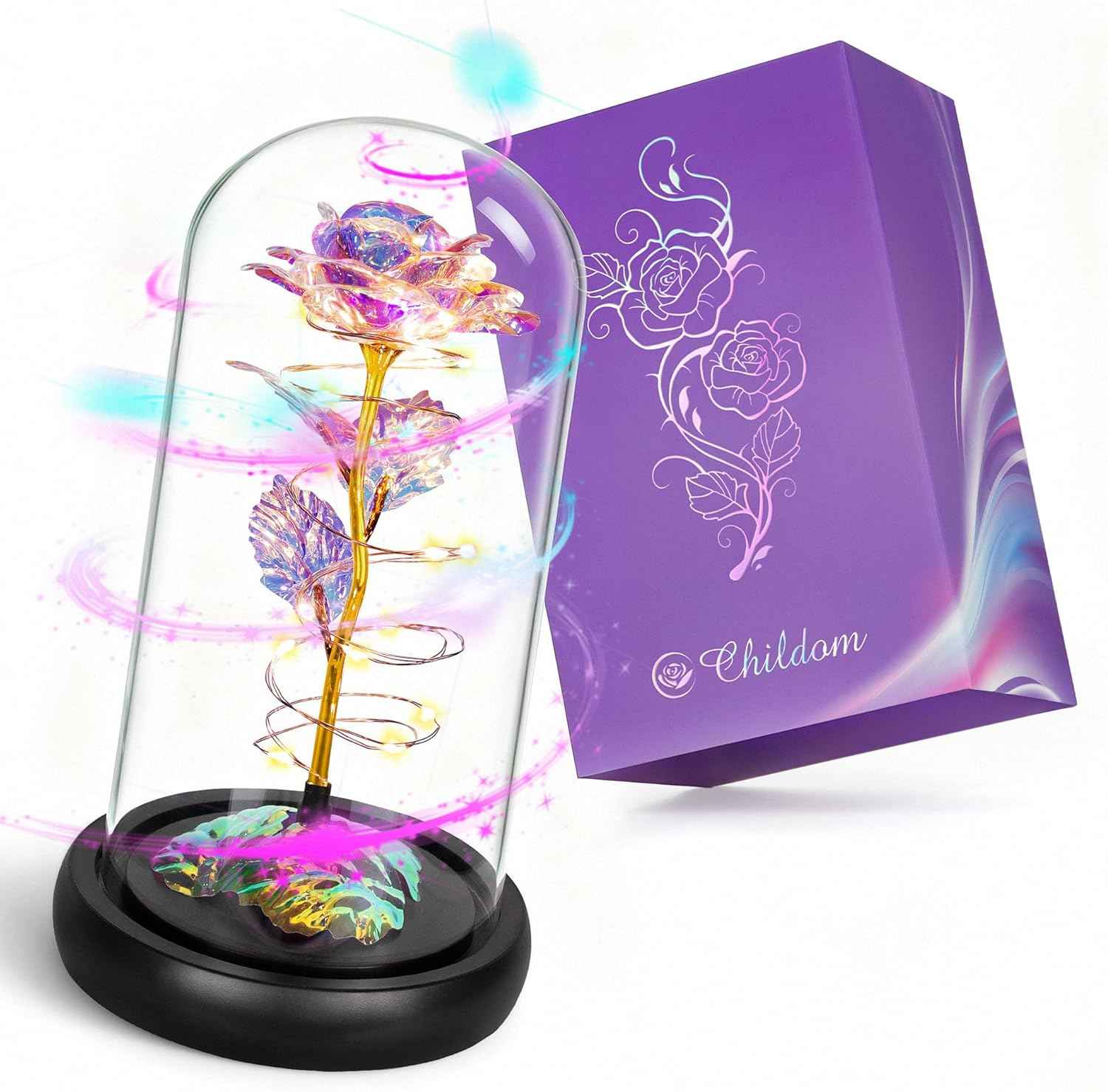 Childom Valentines Day Rose Gifts for Her,Birthday Gifts for Women,Rotating Colorful Light Up Rose in A Glass Dome,Mothers Day Flowers Gift for Mom,Valentines Gift for Daughter,Mom,Wife,Grandma
