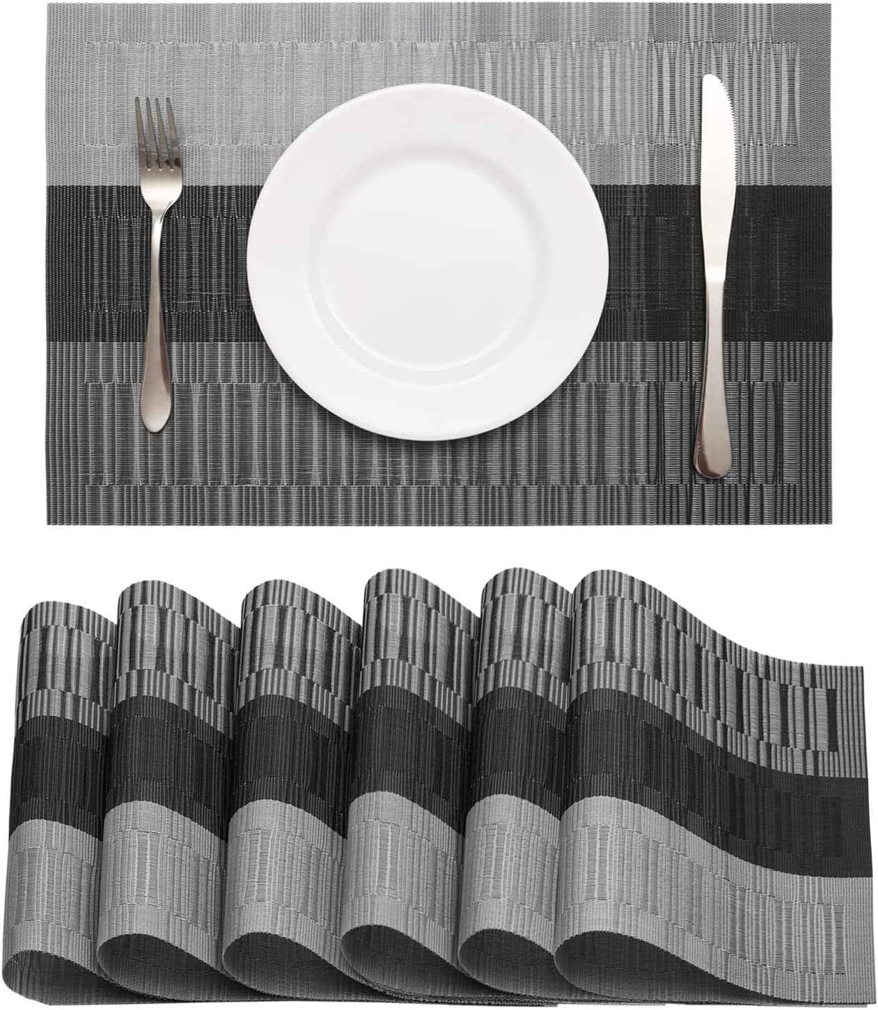 HeloHo Black Placemats Set of 4 Heat-Resistant Washable Place Mats Non-Slip Vinyl Woven Table Mats Wipeable Placemat for Kitchen Dining Table Decoration Indoor Outdoor