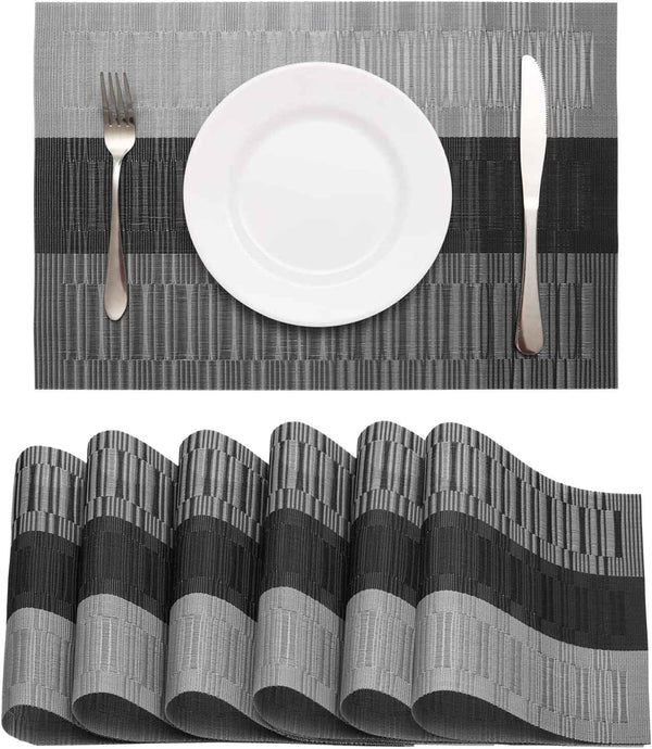 HeloHo Black Placemats Set of 4 Heat-Resistant Washable Place Mats Non-Slip Vinyl Woven Table Mats Wipeable Placemat for Kitchen Dining Table Decoration Indoor Outdoor