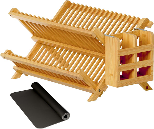Bamboo dish drying rack with utensil holder for kitchen counter