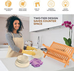 Bambusi Collapsible Bamboo 2 Tier Foldable Wooden Dish Drainer for Countertop
