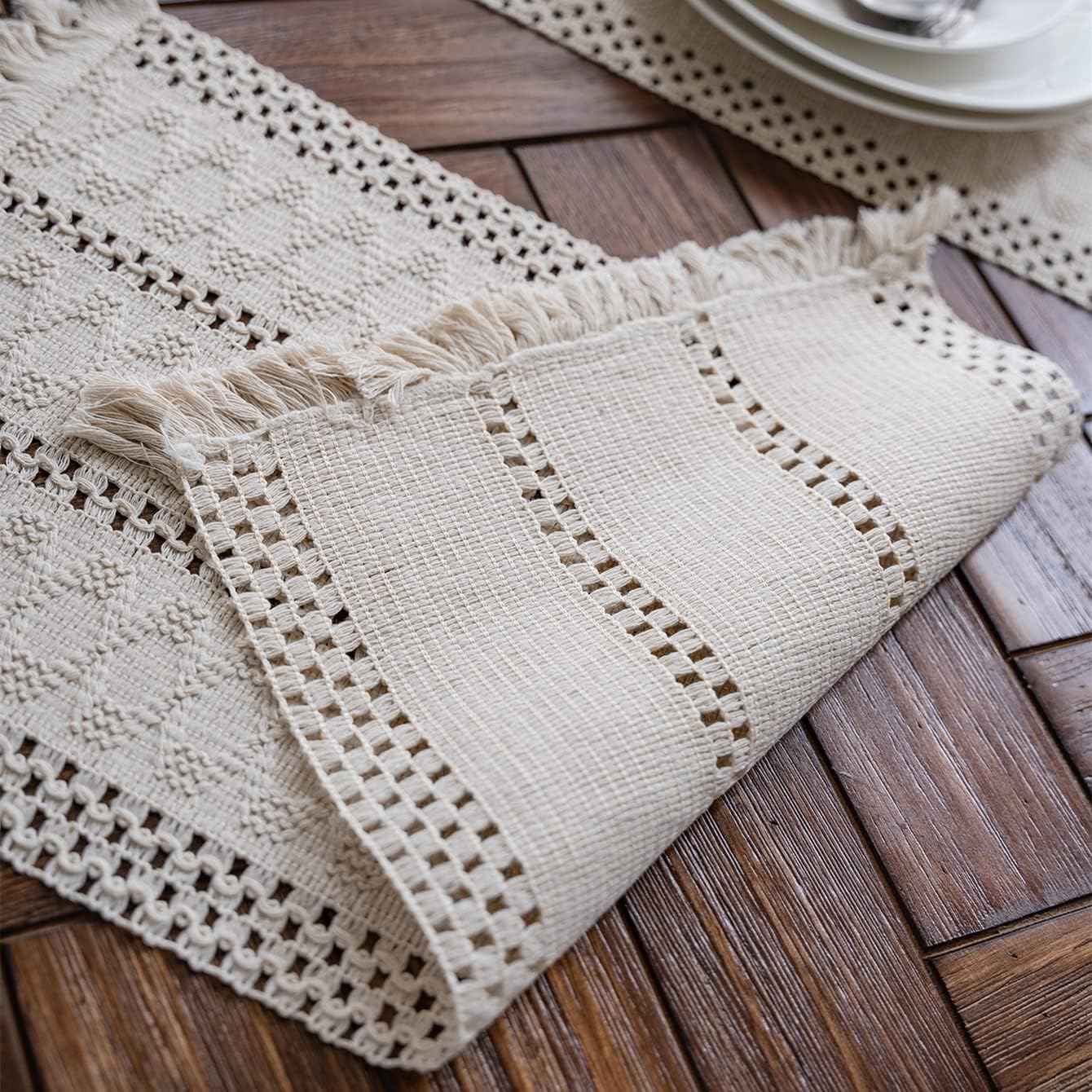 Alynsehom Macrame Table Runner Cream Beige Boho Table Runners with Tassels Hand Woven Cotton Table Runner Rustic Farmhouse Table Runners for Bohemian Kitchen Dining Table(12x71in)
