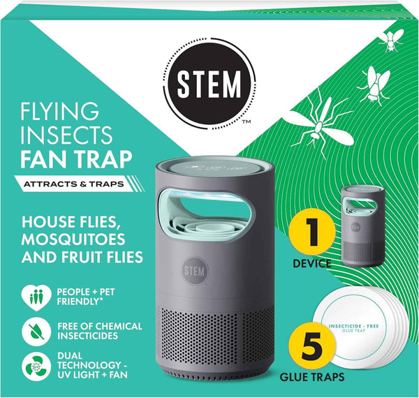 Stem flying insect fan trap starter kit with UV light, mosquito, fruit fly, house fly control, 5 glue traps, plug-in device