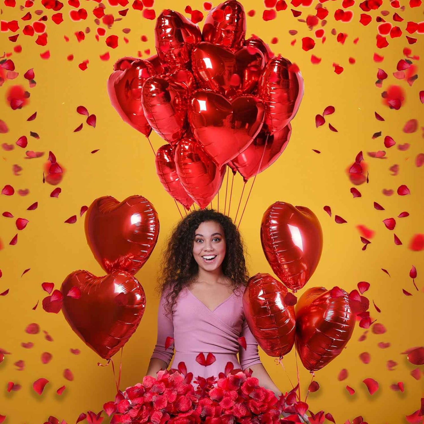 Fecedy Red Heart Shape Foil Mylar Balloons and Heart Shape roseleaf for Romantic Valentine's Day Wedding Bridal Shower Anniversary Engagement Party Decorations