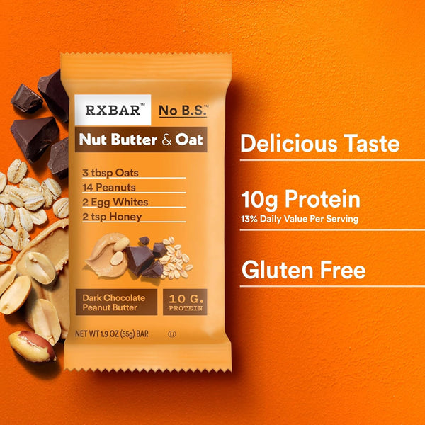 RXBAR Nut Butter and Oat Protein Bars, 12 Count, Dark Chocolate Peanut Butter, 23.2oz Box