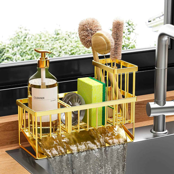Cisily Sink Caddy Sponge Holder for Kitchen with Brush Holder and Stainless Steel Self Drain Tray, Rustproof Kitchen Sink Organizer for Sponge, Soap Dispenser Storage Accessories