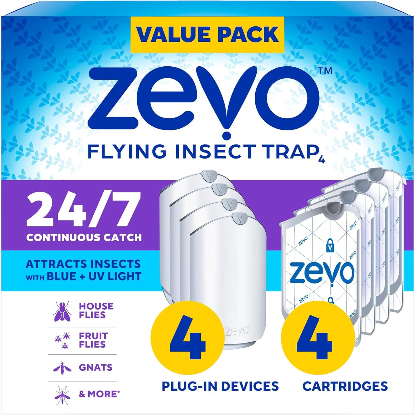 Zevo 2 Flying Insect Traps & 2 Refill Cartridges - Plug in Fly Trap & Indoor Bug Catcher for Gnats, House & Fruit Flies - Blue & UV Light Technology, Mess-Free Alternative to Bug Zapper