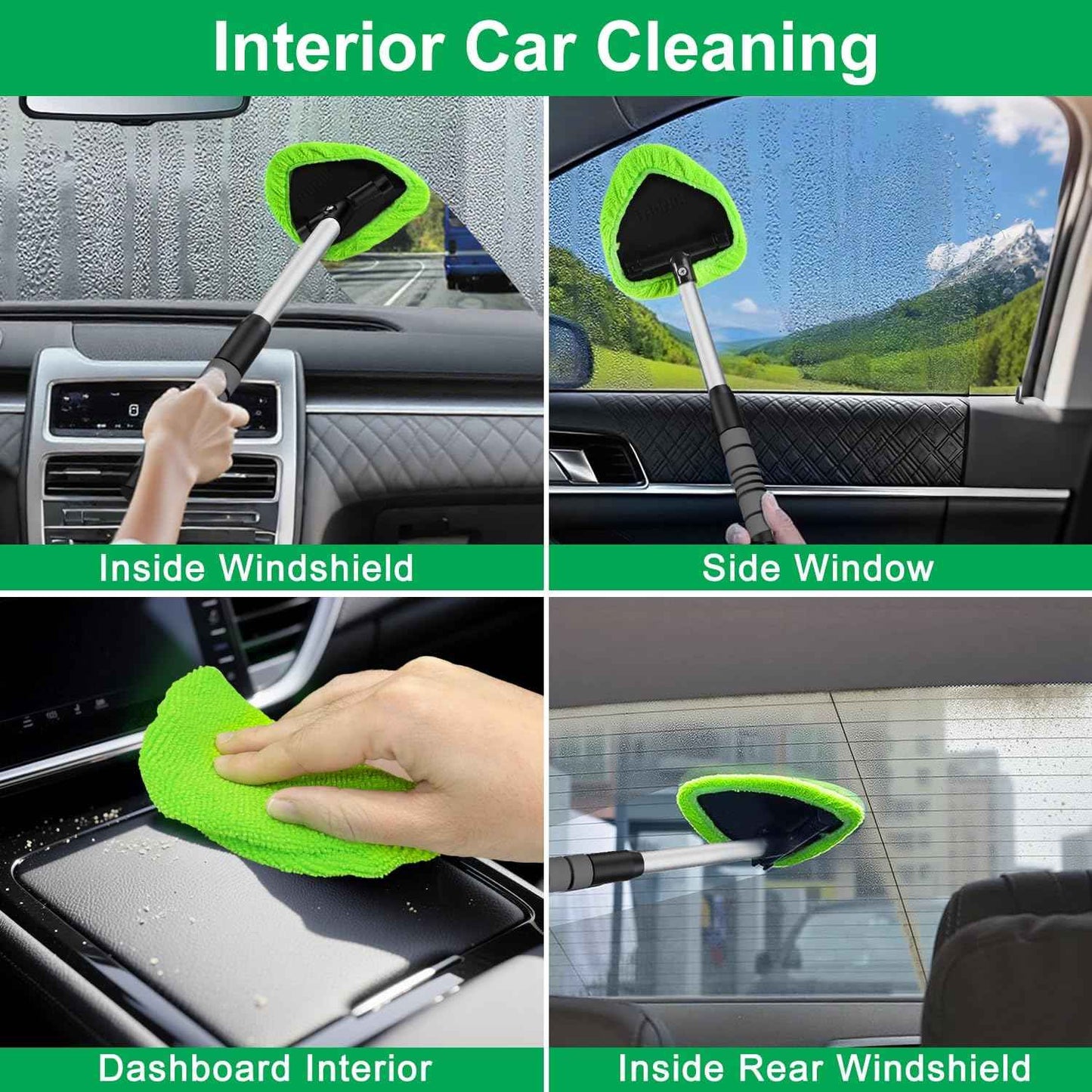 XINDELL Windshield Cleaner Tool – Car Interior Window Cleaning Kit with Extendable Handle & 4 Microfiber Pads, Auto Wiper Inside Windshield Brush for Car & Home Windows