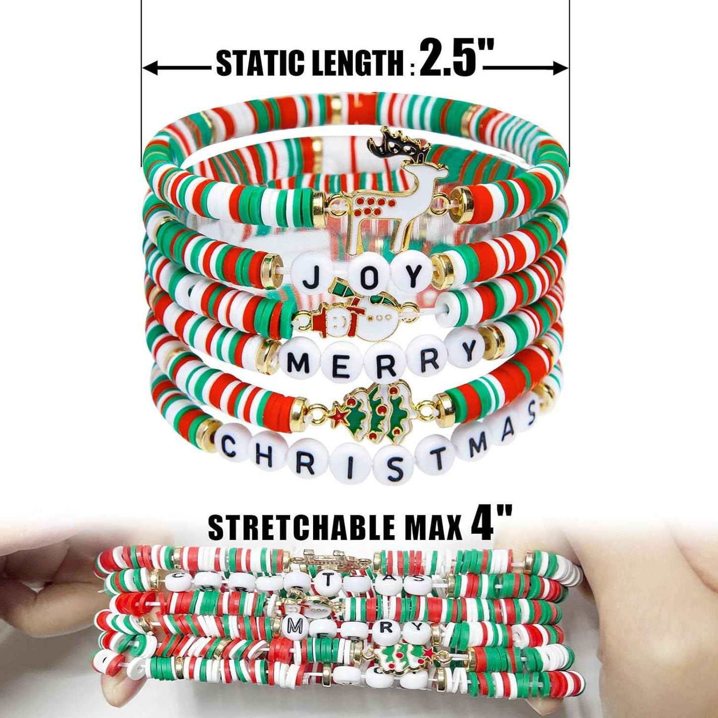Artlunar 6 Pack Christmas Bracelets: Joy & Merry Candy-Style Stacks for Women & Teens - Perfect Christmas Gifts - Age 3 to Adult