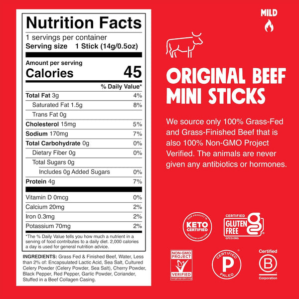 Chomps Grass-Fed Beef Jerky Snack Sticks 24-Pack 0.5oz Keto Paleo Whole30