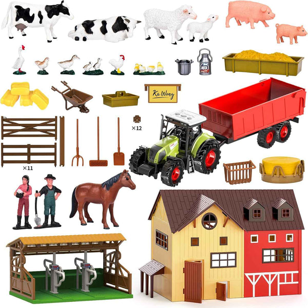 pupu pig kids farm animal toys set with tractor, horse stable, cowshed, chicken fence, lights & sound for boys toddlers ages 3+