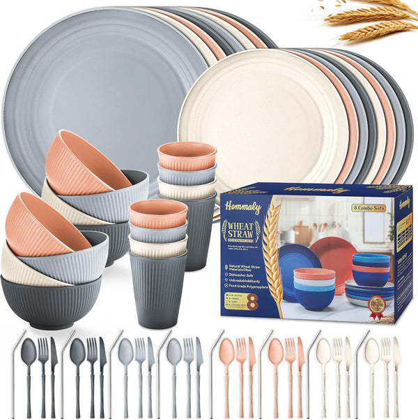 Wheat Straw Dinnerware Sets,64-Piece Black Plates and Bowls Sets for 8-Unbreakable,Reusable Plastic Dish Set-Dinner Plate/Dessert Plate/Cereal Bowl/Cup/Utensils-Microwavable Dishwasher Safe 64P-BLACK
