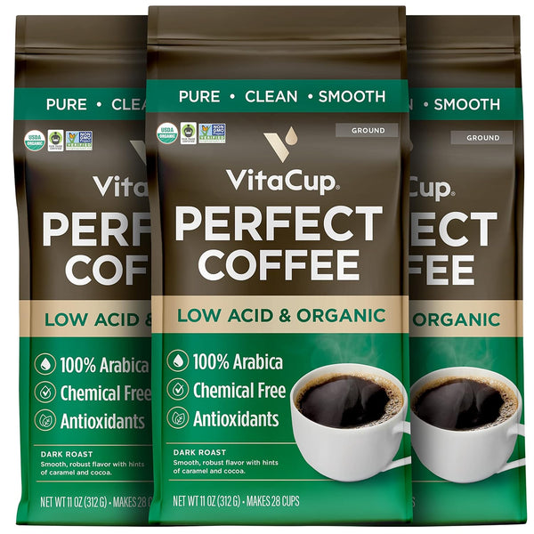 VitaCup Perfect Low Acid Coffee Ground, USDA Organic & Fair Trade, Mycotoxin Free, Dark Roast Guatemala Single Origin