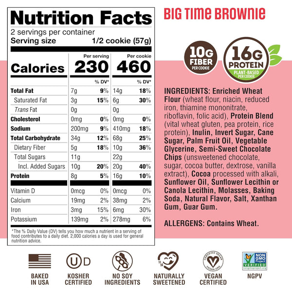 Lenny & Larry's Protein Cookie, Big Time Brownie, 16g Plant Protein, 10g Fiber, Soft-Baked, Vegan, Non-GMO, 4oz, Pack of 12