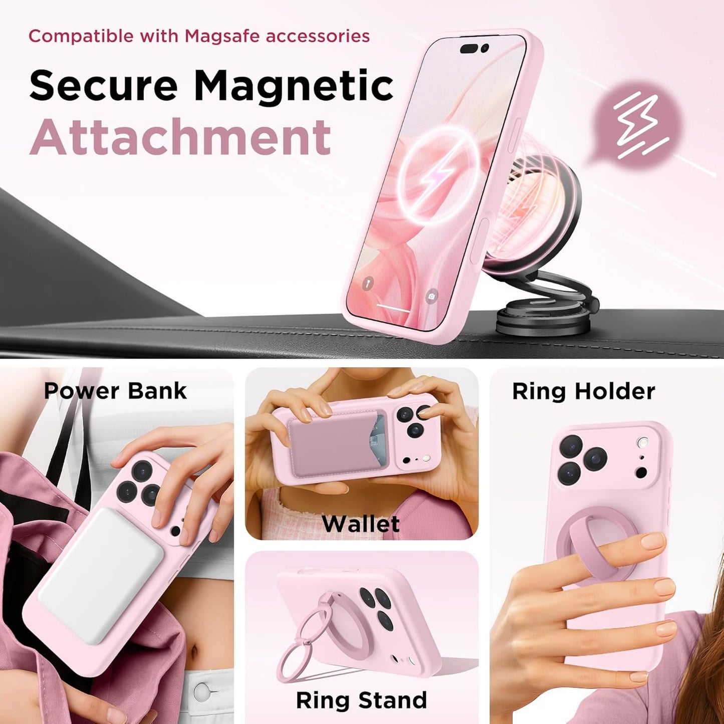 GolbinBox Magnetic for iPhone 17 Pro Max Case, Compatible with MagSafe, [Full Camera Protection] [Screen Protector], Silicone Shockproof Phone Cover with Anti-Scratch Microfiber Lining, Chalk Pink