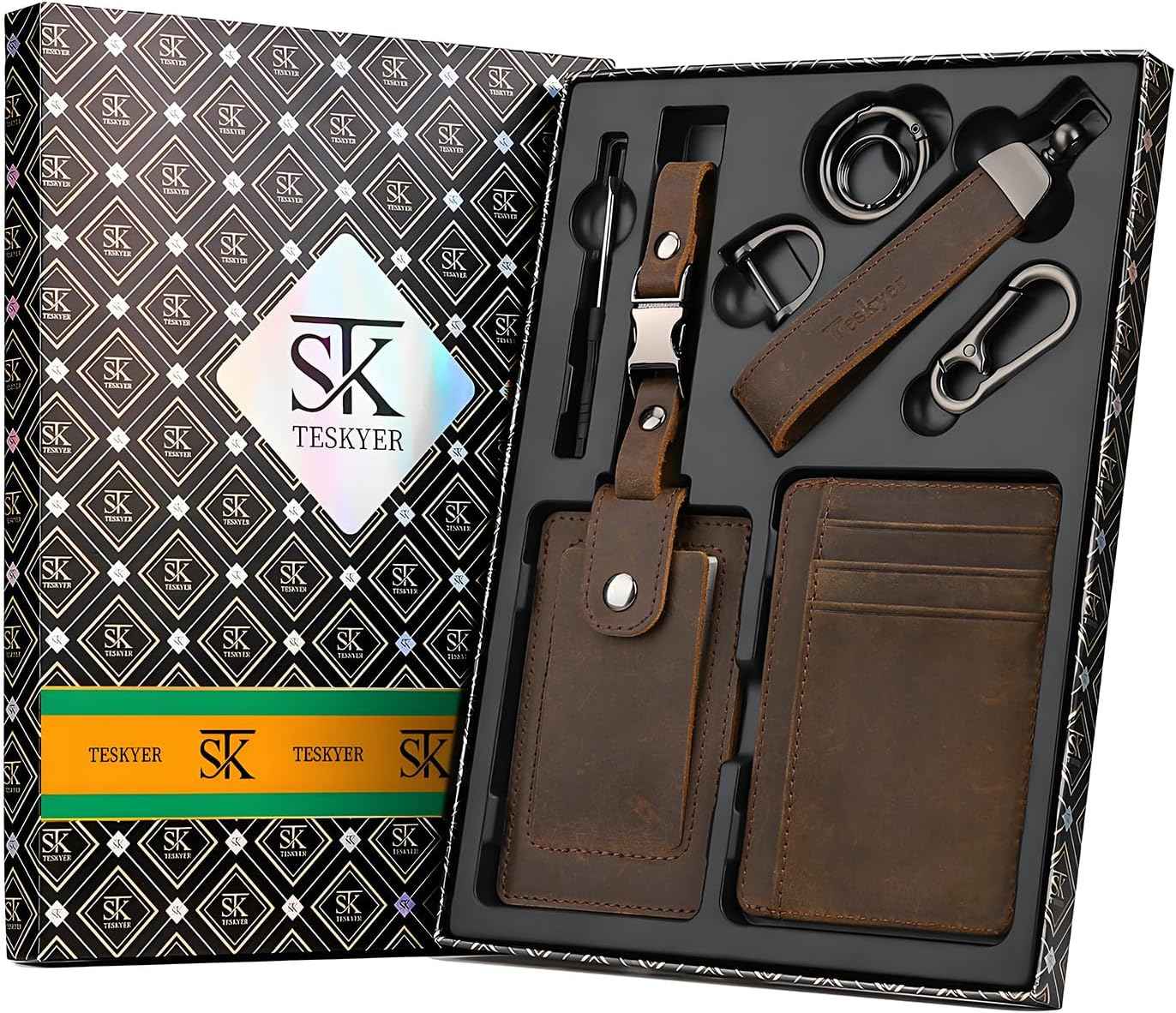 Teskyer RFID Slim Card Holder Wallet for Men, Genuine Leather Gift Set with Luxury Gift Packing - Includes Luggage Tag and Car Keychain - Gift for Dad, Valentine's Day, Birthday & Christmas (Coffee)