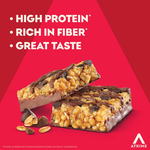 Atkins Chocolate Chip Granola Protein Bar, 12 Count, High Fiber, Low Sugar, 17g Protein