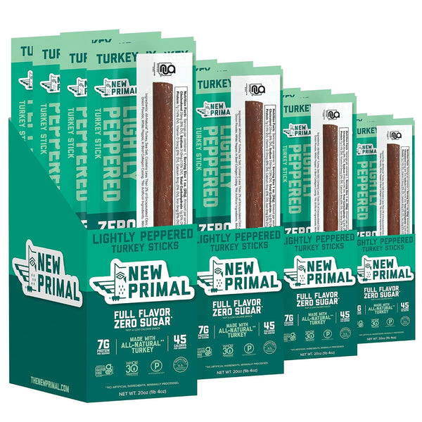 New Primal Lightly Peppered Turkey Sticks, 20 Count, 7g Protein, Keto, Gluten Free, Low Carb