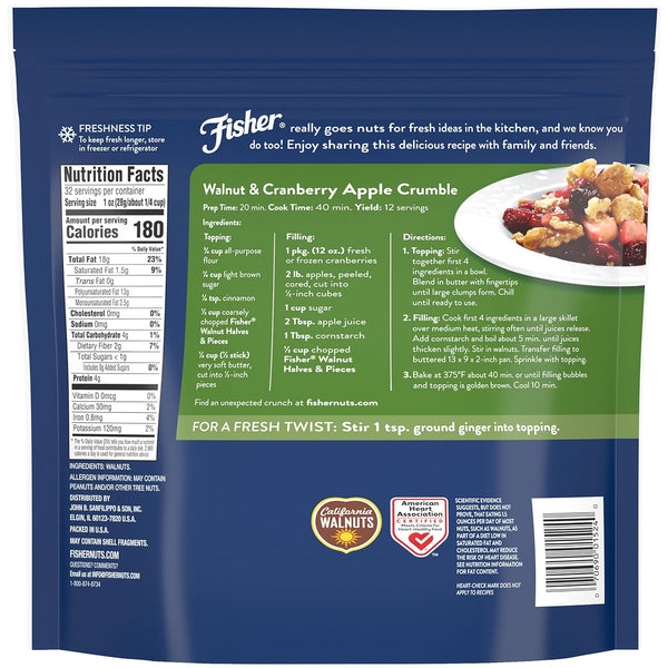 Fisher Chef's Naturals 2 lb unsalted walnuts for baking, cooking, and healthy snacks, resealable bag, vegan protein, keto snack, chopped nuts