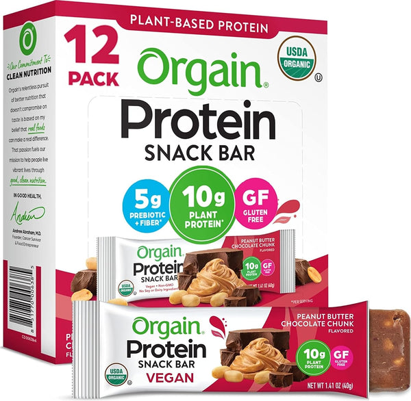 Orgain Organic Vegan Protein Bars, Chocolate Brownie, 10g Plant Based Protein, 12 Count