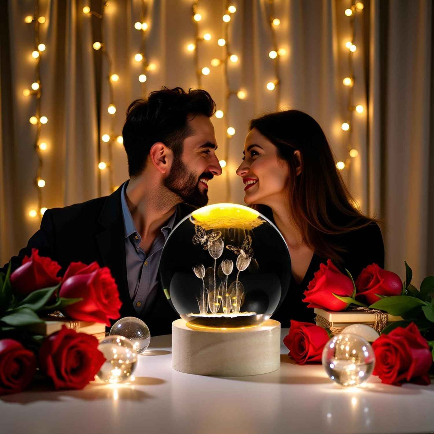 Enjinkail 3D Butterfly Tulips Crystal Ball with Wooden Light Base Glass Tulip Figurine Gift for Women Decor Tulips Statue Gifts for Mother's Day Birthday Valentine Christmas (Diameter 2.36 inches)