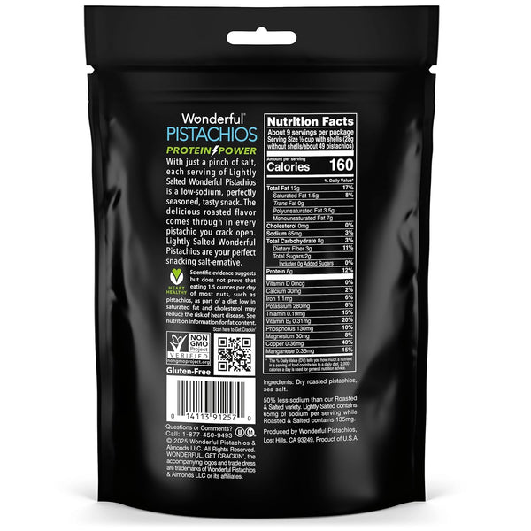 Wonderful Lightly Salted In-Shell Pistachios, Gluten Free, Plant Based Protein, 16 Ounce Resealable Bag