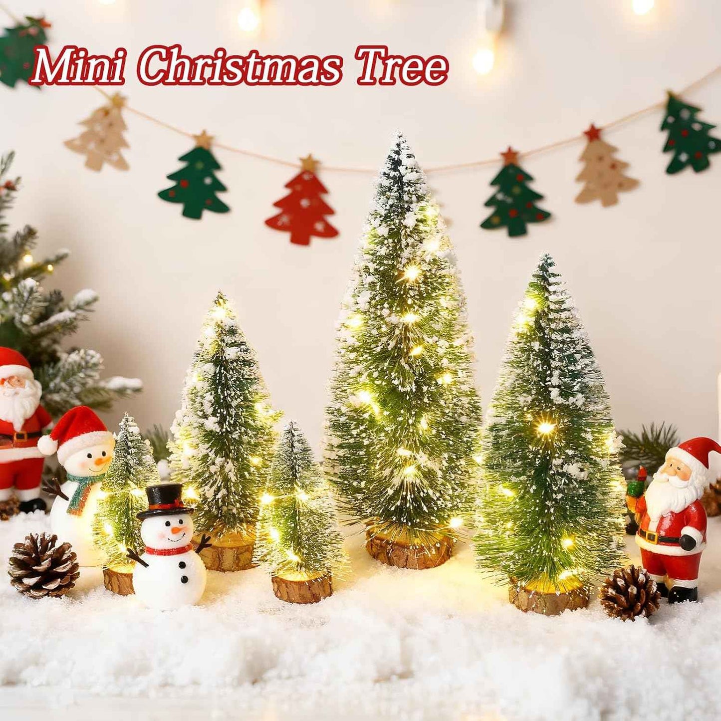 Mini Christmas Tree with Lights, Small Table Top Decorations, Desktop Miniature Pine Tree Xmas Holiday Decor Indoor Home, Bottle Brush Trees with Wooden Base, 5 Pcs with Light