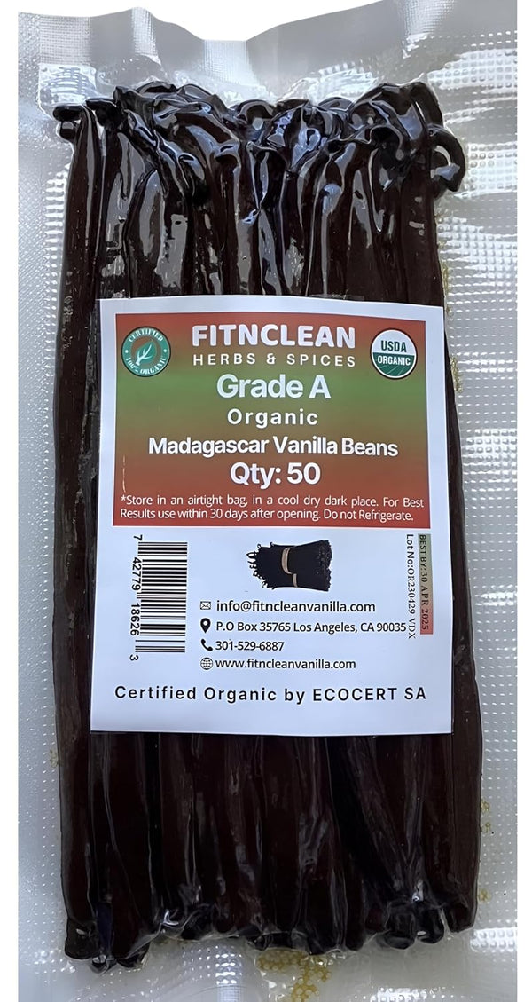 FitNClean Madagascar Vanilla Beans Bulk Fresh Organic Grade A Pods Non-Gmo 5 Long for Baking and Extract