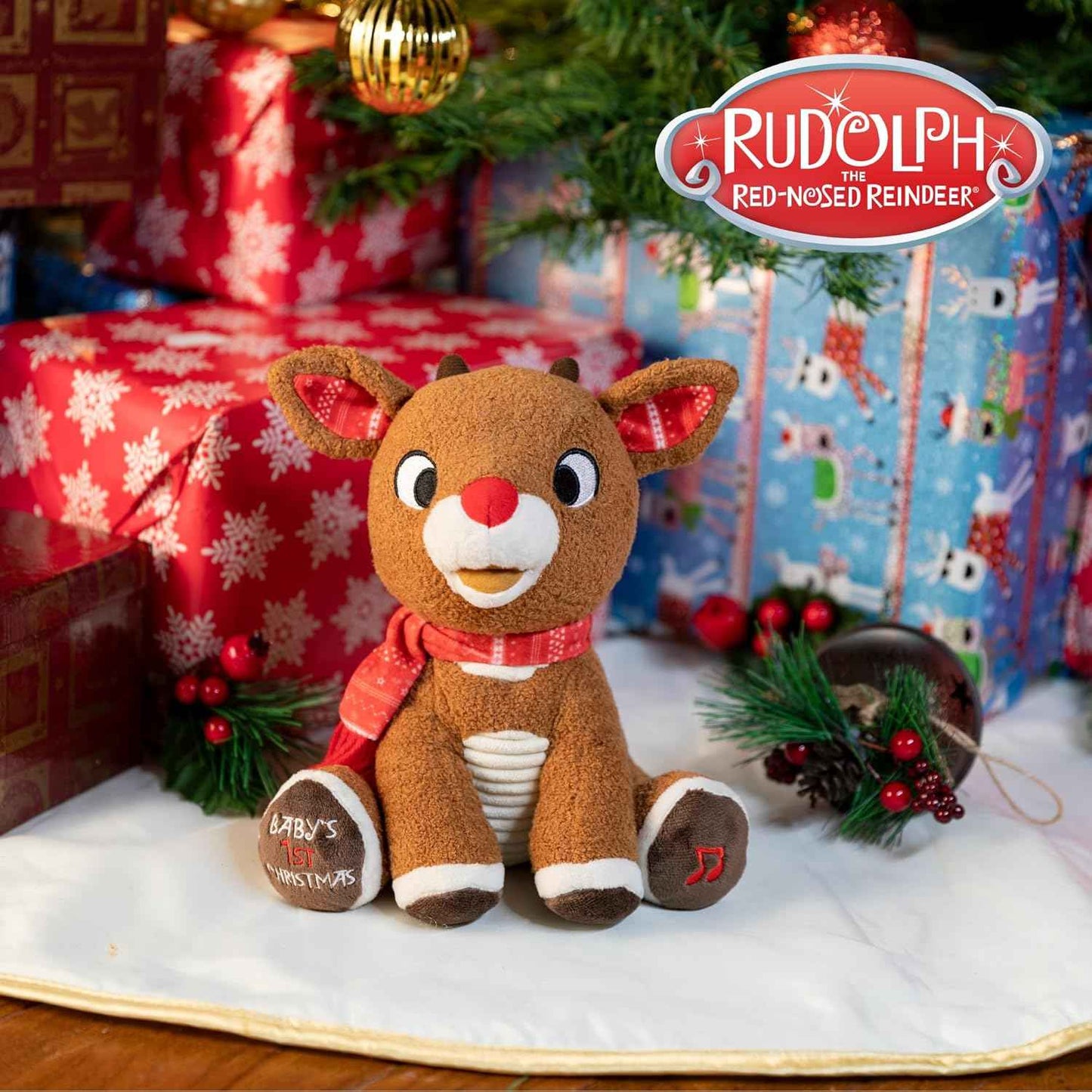 KIDS PREFERRED Santa Claus Rudolph The Red-Nosed Reindeer Musical Stuffed Animal, Baby's First Christmas Plush, 8 Inches