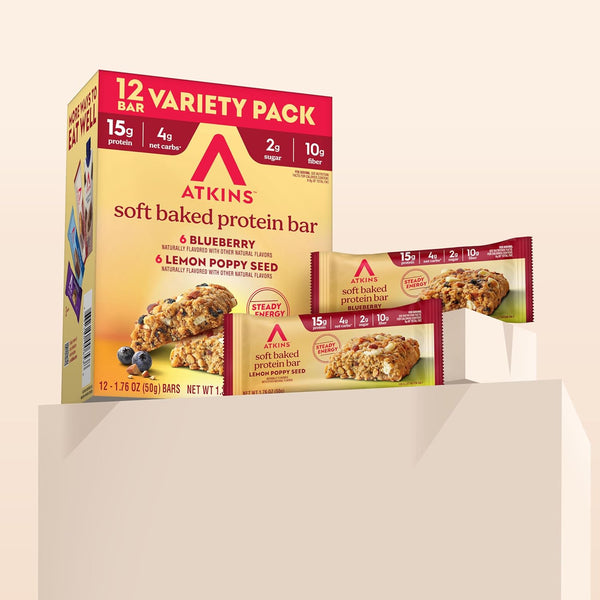 Atkins Soft Baked High Protein Bars, 12 pack, 2g sugar, 4g net carbs, 15g protein