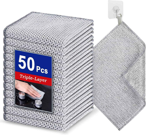 12 PCS 3-Layer Non-Scratch Multipurpose Steel Wire Dishcloths - Reusable Quick-Dry Odor-Free Scrub Cloths for Dishes, Kitchen Cleaning Cloths for Cookware, Sinks, Stove Tops(7.87X7.87)