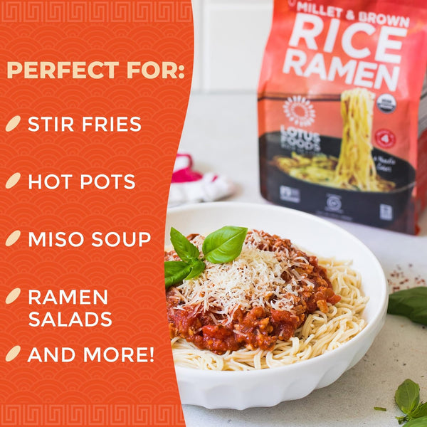 lotus foods organic millet and brown rice ramen noodles gluten free instant ramen noodles with 4 minute cooking time - 10 oz bag