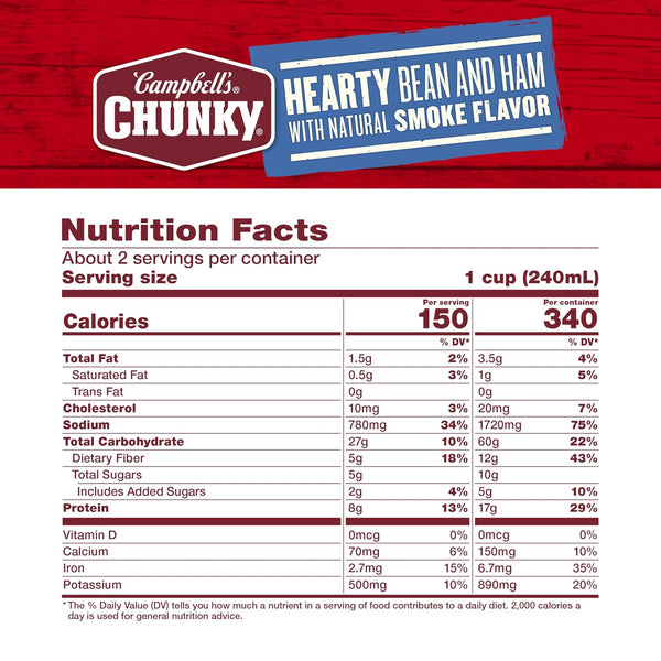 Campbell's Chunky Hearty Bean Soup with Ham, 19 Oz Can, Protein Rich, Microwaveable, Pantry Staple