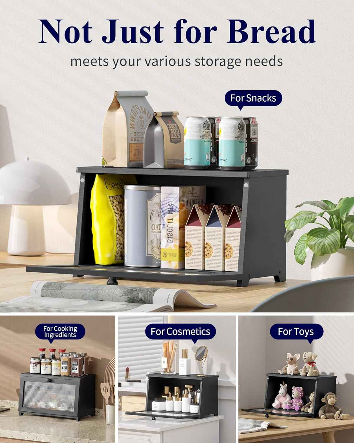 Kitsure Bread Box - Wooden Bread Box for Kitchen Countertop, Large Capacity Kitchen Countertop Organizer, Stylish Bread Storage with Window, Multi-functional Container, Black, 15.0"x8.3"x9.1" (1T)