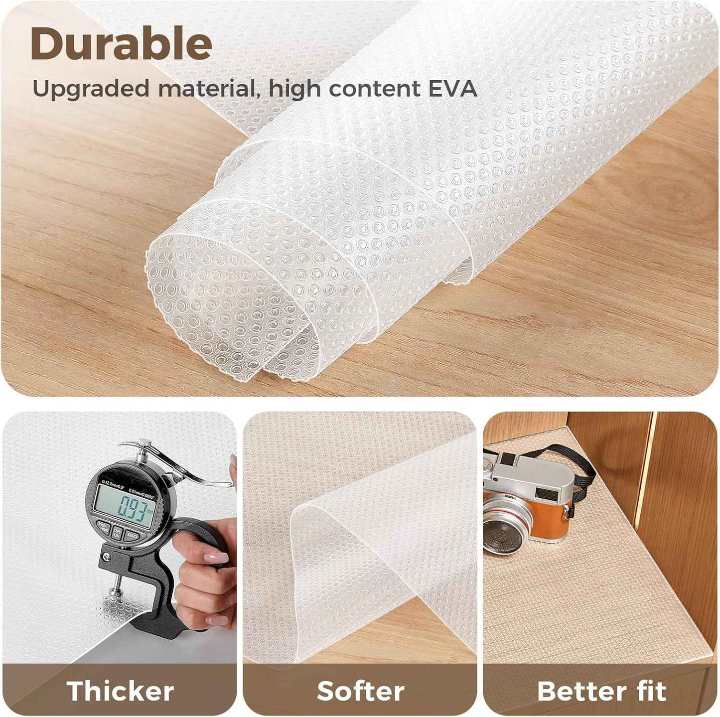 100% EVA Shelf Liner for Kitchen Cabinet, 24" x 360" Drawer Liners Non Adhesive Non Slip Waterproof Plastic Paper, Dresser Pantry Bathroom Refrigerator Protector, Clear