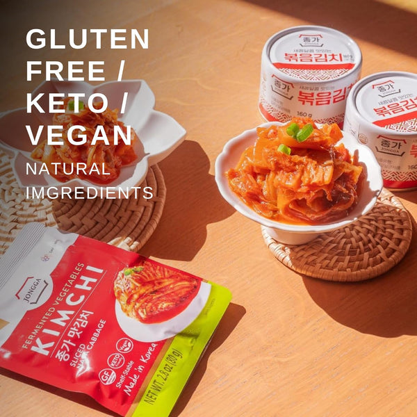 Spicy fermented kimchi napa cabbage in convenient pouches for ramen and stir-fries