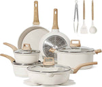 CAROTE 21Pcs Pots and Pans Set, Nonstick Cookware Sets, White Granite Induction Cookware Non Stick Cooking Set w/Frying Pans & Saucepans(PFOS, PFOA Free)