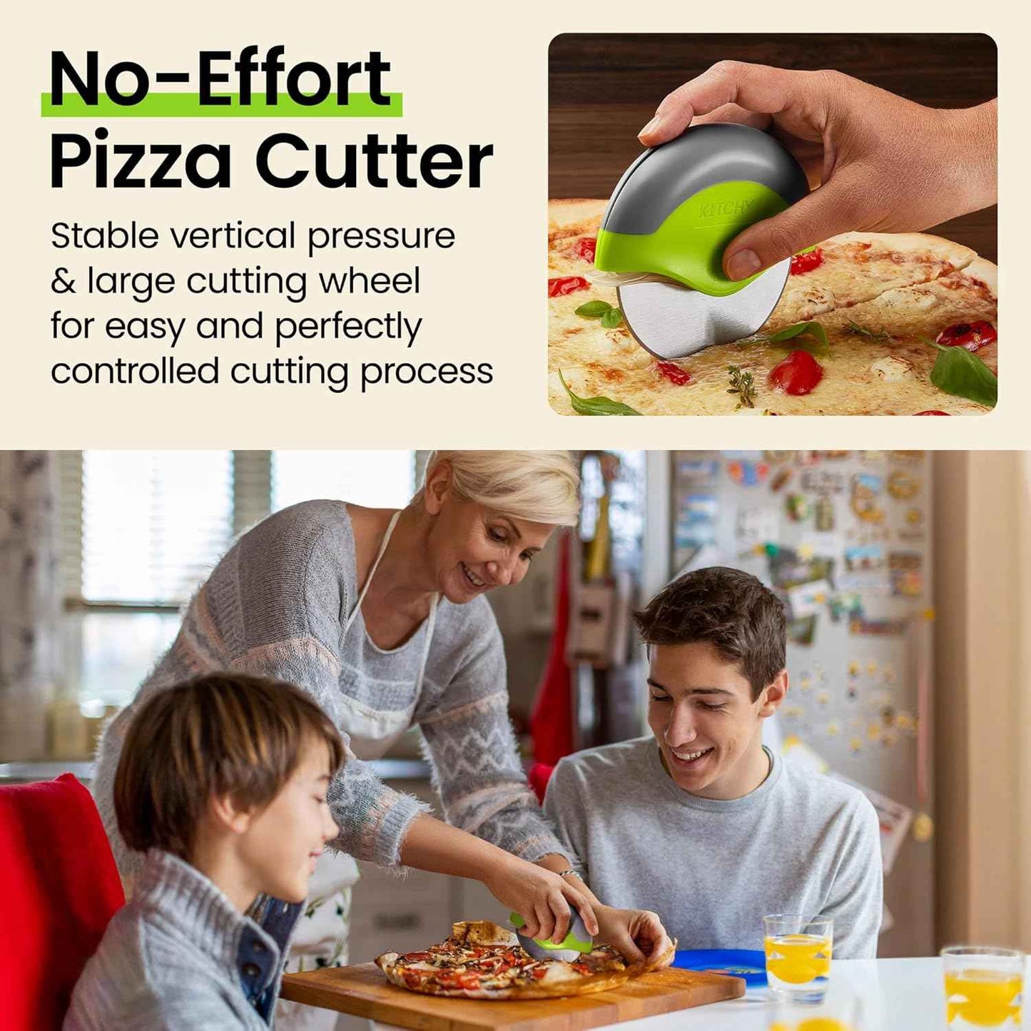 Kitchy Pizza Cutter Wheel with Protective Blade Cover, Ergonomic Pizza Slicer, Green