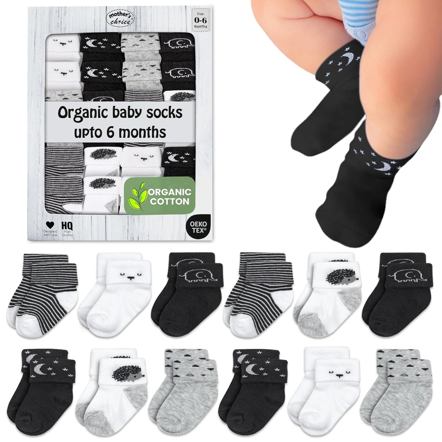 Mother's Choice Organic Cotton Baby Socks Infant 0-6 Months - 12 pairs Soft, Cozy, and Gentle Newborn Socks for Girls & Boys, Perfect Baby Registry for Everyday Wear, and Infant Comfort