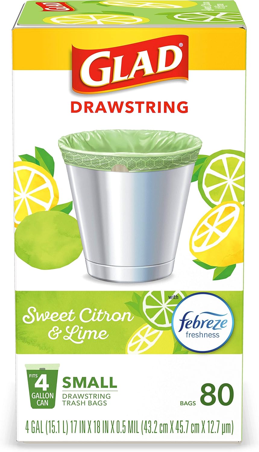 Glad Small Trash Bags 4 Gallon, Febreze Sweet Citron & Lime Garbage Bags, Odor Resistant with Drawstring, 80 Count
