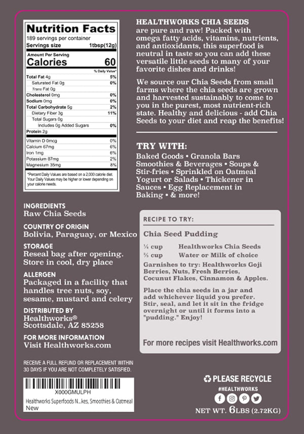 Healthworks Superfoods Raw Chia Seeds - 96 Oz / 6 Lbs - Premium & All-Natural - Contains Omega 3, Fiber & Protein - Great with Shakes, Smoothies & Oatmeal