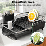 Expandable Dish Rack for Kitchen Counter with Utensil Holder and Raised Guardrail