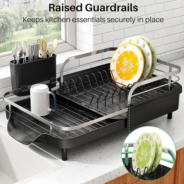 Expandable Dish Rack for Kitchen Counter with Utensil Holder and Raised Guardrail