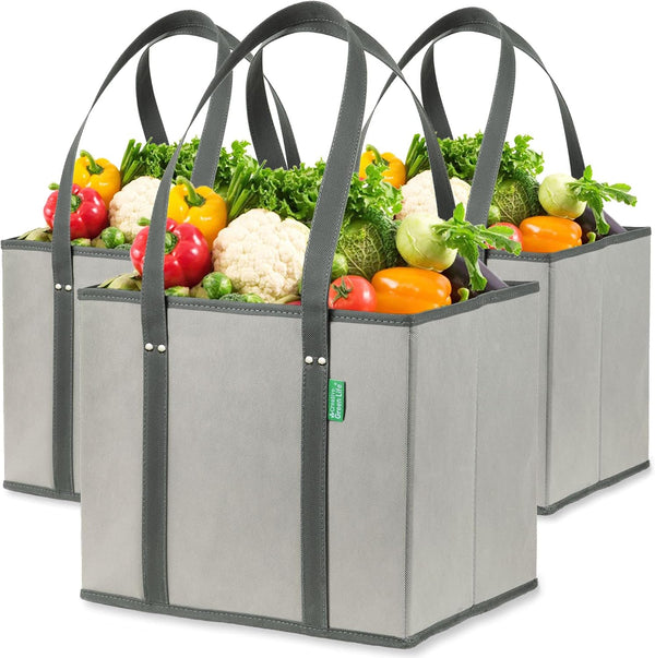 Reusable Grocery Bags (3 Pack) – Heavy Duty Reusable Shopping Bags with Box Shape to Stand Up, Stay Open, Fold Flat – Large Tote Bags are Foldable with Long Handles & Hard Bottom (Navy Blue)