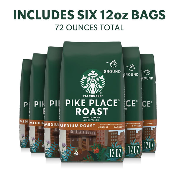 Starbucks Ground Coffee, Medium Roast Hot or Iced Coffee, Pike Place Roast, Six 12 oz Bags​
