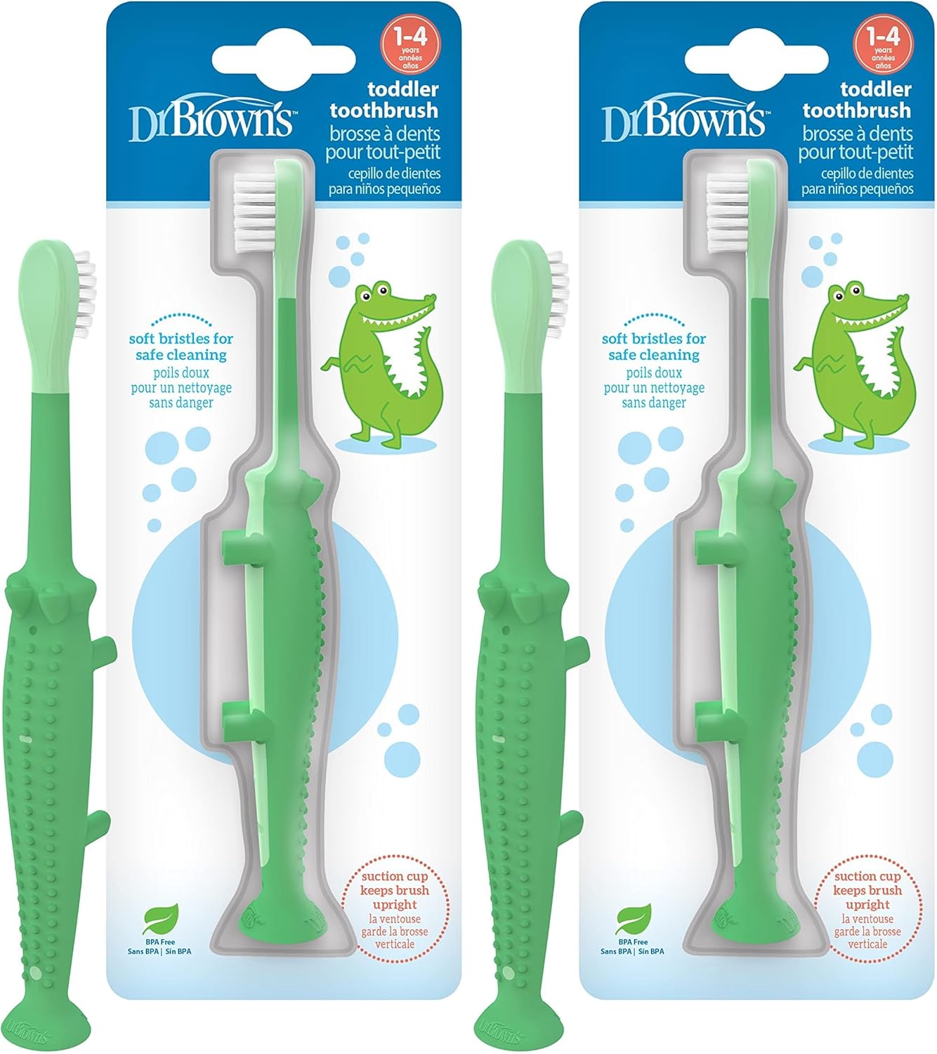Dr. Brown's Baby and Toddler Toothbrush, Green and Orange Dinosaur 2-Pack, 1-4 Years