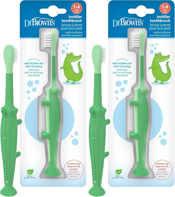 Dr Brown's Baby Toddler Toothbrush Green and Orange Dinosaur 2-Pack Ages 1-4 Years Soft Bristles Suction Cup Base