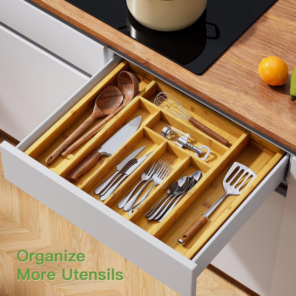 Bamboo Expandable Silverware Drawer Organizer for Kitchen Utensils and Storage