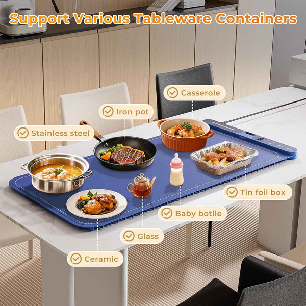 Extra Large 32"x15" Electric Silicone Food Warmer Tray, 7-Level Temp 8-Hour Timer, Portable Countertop Food Warmers for Parties, Blue